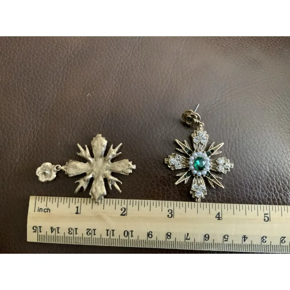 Regal Pearl Cross Flower Museum Earrings Goddess Gold Ornate StudVTG Baroque Art
